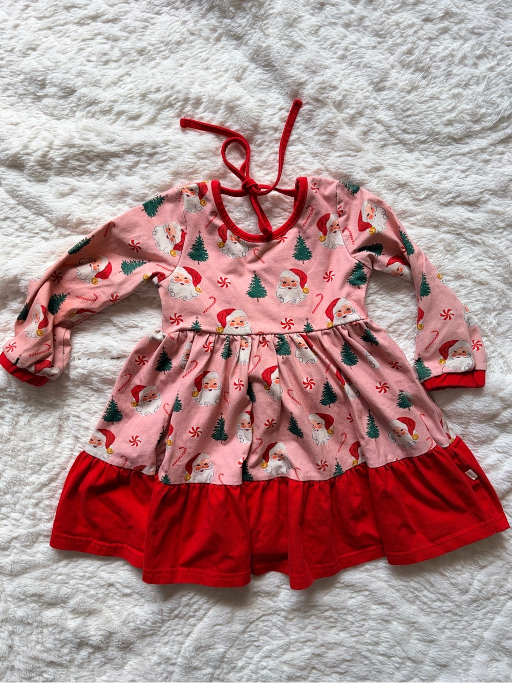 Kids Pink & Red Santa Print Holiday Dress